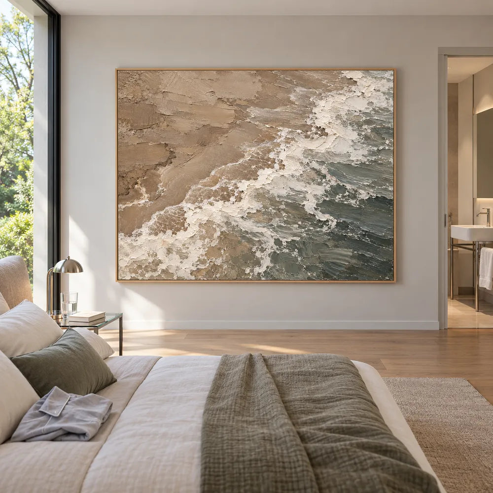 Sand Sage Hand-Painted Shoreline Painting, Diagonal Surf #84UH8QXY