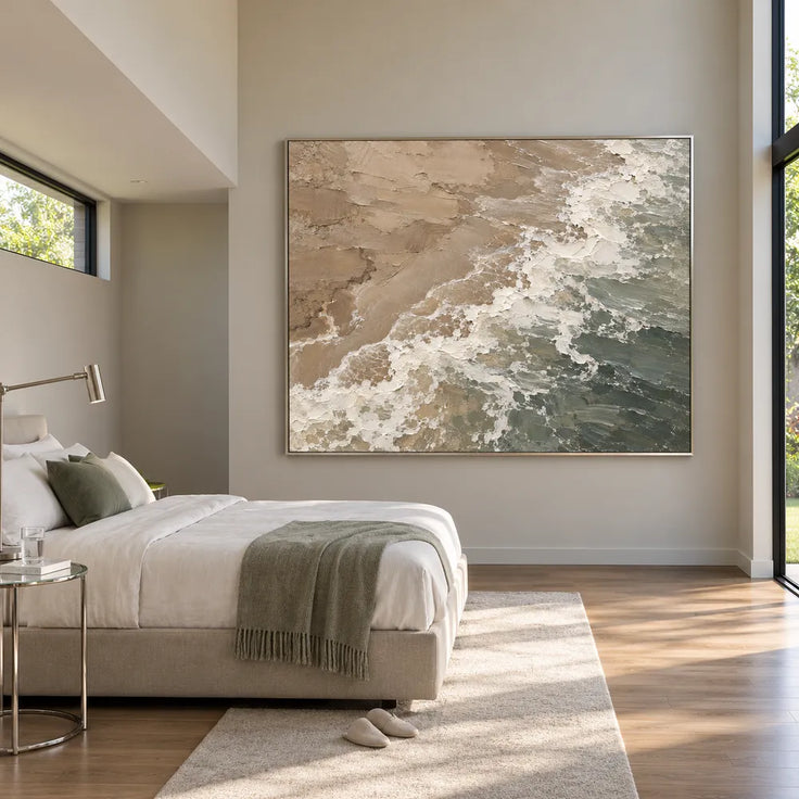 Sand Sage Hand-Painted Shoreline Painting, Diagonal Surf #84UH8QXY