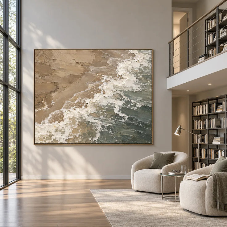 Sand Sage Hand-Painted Shoreline Painting, Diagonal Surf #84UH8QXY