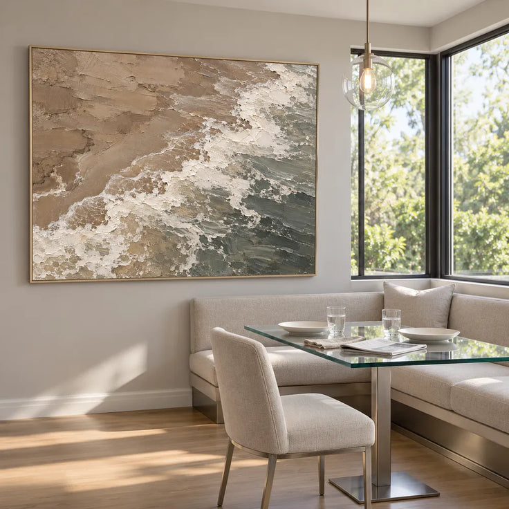 Sand Sage Hand-Painted Shoreline Painting, Diagonal Surf #84UH8QXY