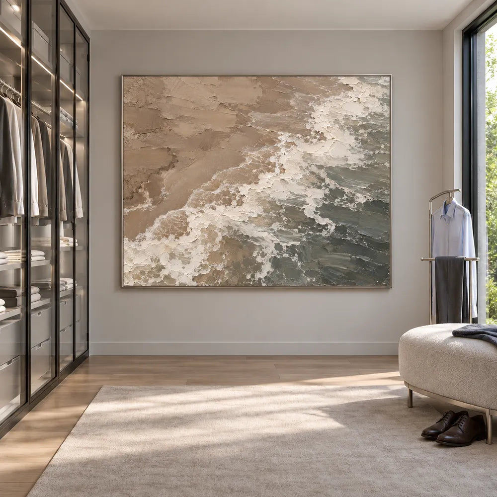 Sand Sage Hand-Painted Shoreline Painting, Diagonal Surf #84UH8QXY