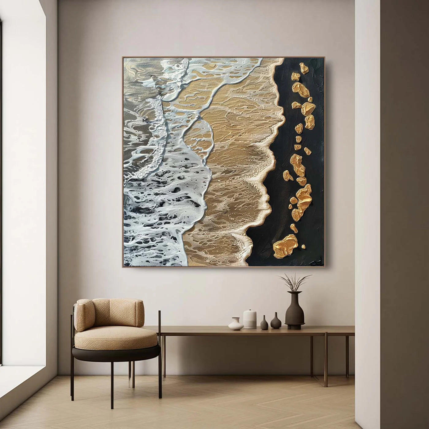 Modern Black & Gold Coastal Textured Oil Painting #SK52