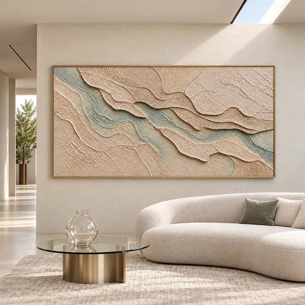 Beige Sage Hand-Painted 3D Textured Oil Painting, Layered Waves Wall Art #HXW5SFGP
