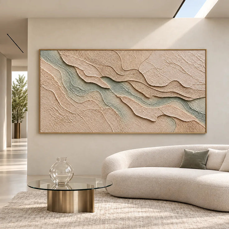 Beige Sage Hand-Painted 3D Textured Oil Painting, Layered Waves Wall Art #HXW5SFGP