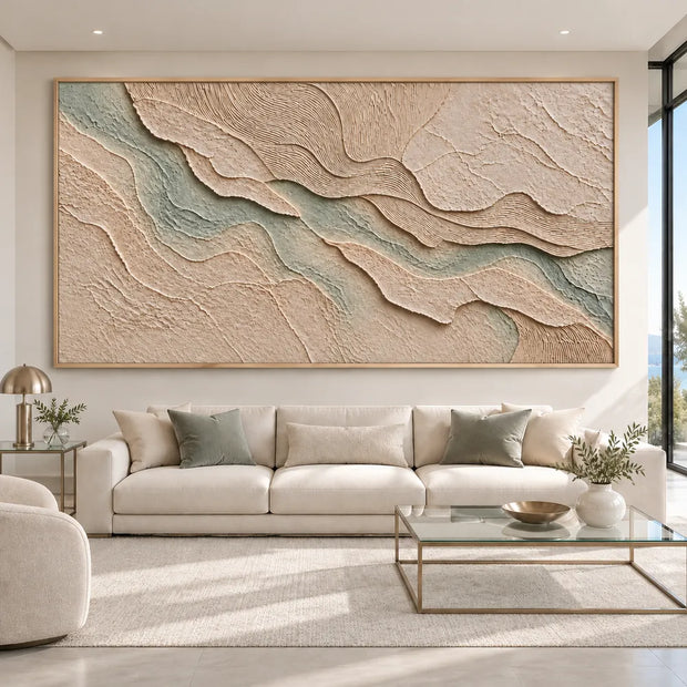 Beige Sage Hand-Painted 3D Textured Oil Painting, Layered Waves Wall Art #HXW5SFGP