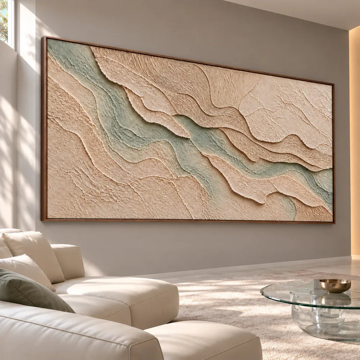 Beige Sage Hand-Painted 3D Textured Oil Painting, Layered Waves Wall Art #HXW5SFGP
