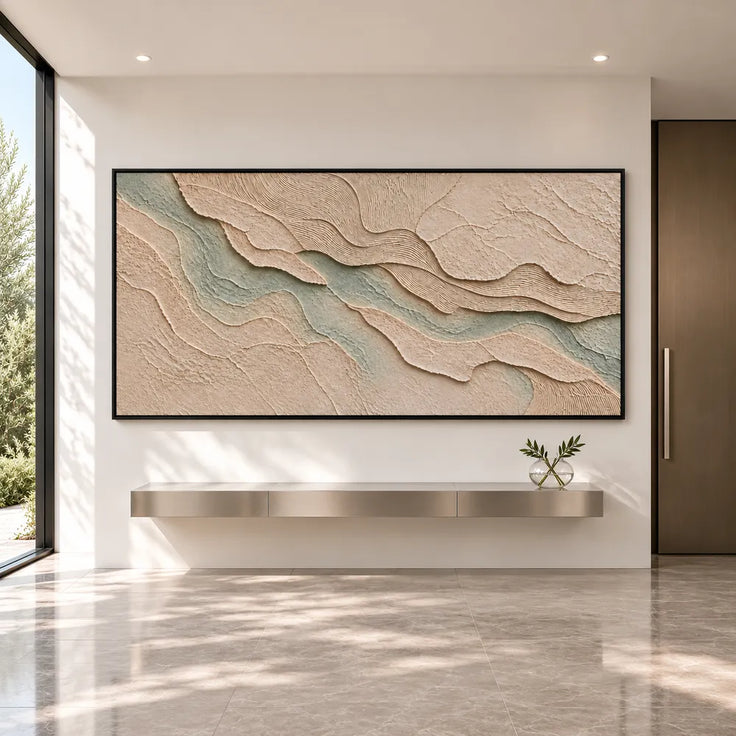 Beige Sage Hand-Painted 3D Textured Oil Painting, Layered Waves Wall Art #HXW5SFGP