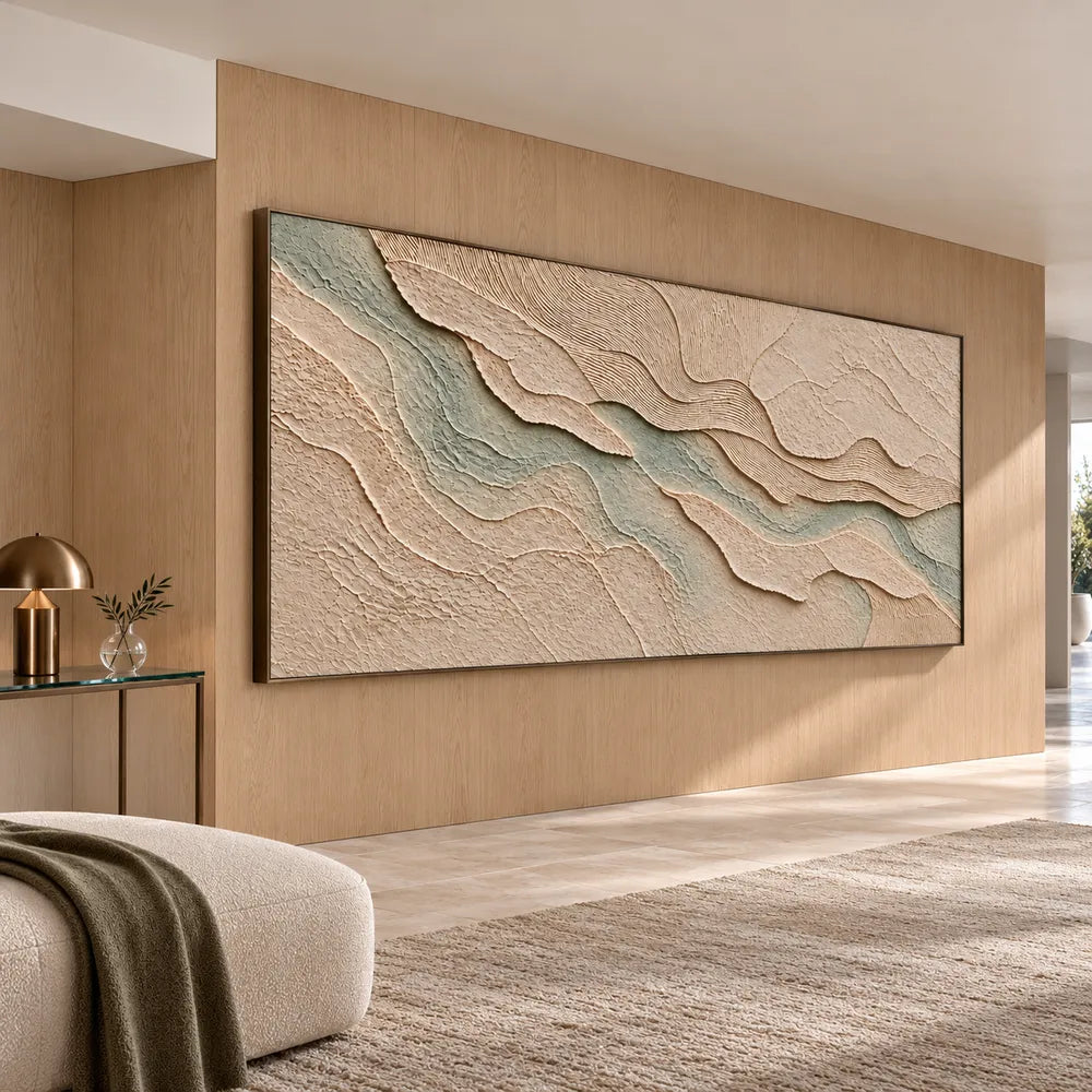 Beige Sage Hand-Painted 3D Textured Oil Painting, Layered Waves Wall Art #HXW5SFGP