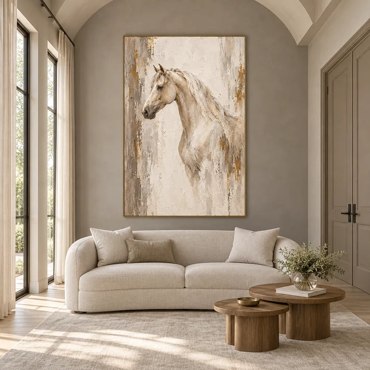 Beige & Cream Hand-Painted Oil Painting, Neutral Horse Portrait Wall Art #MDK3X15Z