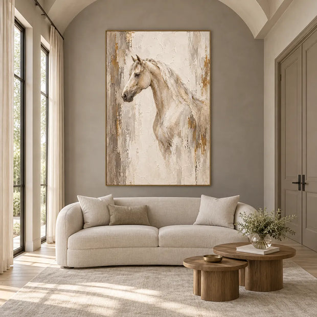 Beige & Cream Hand-Painted Oil Painting, Neutral Horse Portrait Wall Art #MDK3X15Z