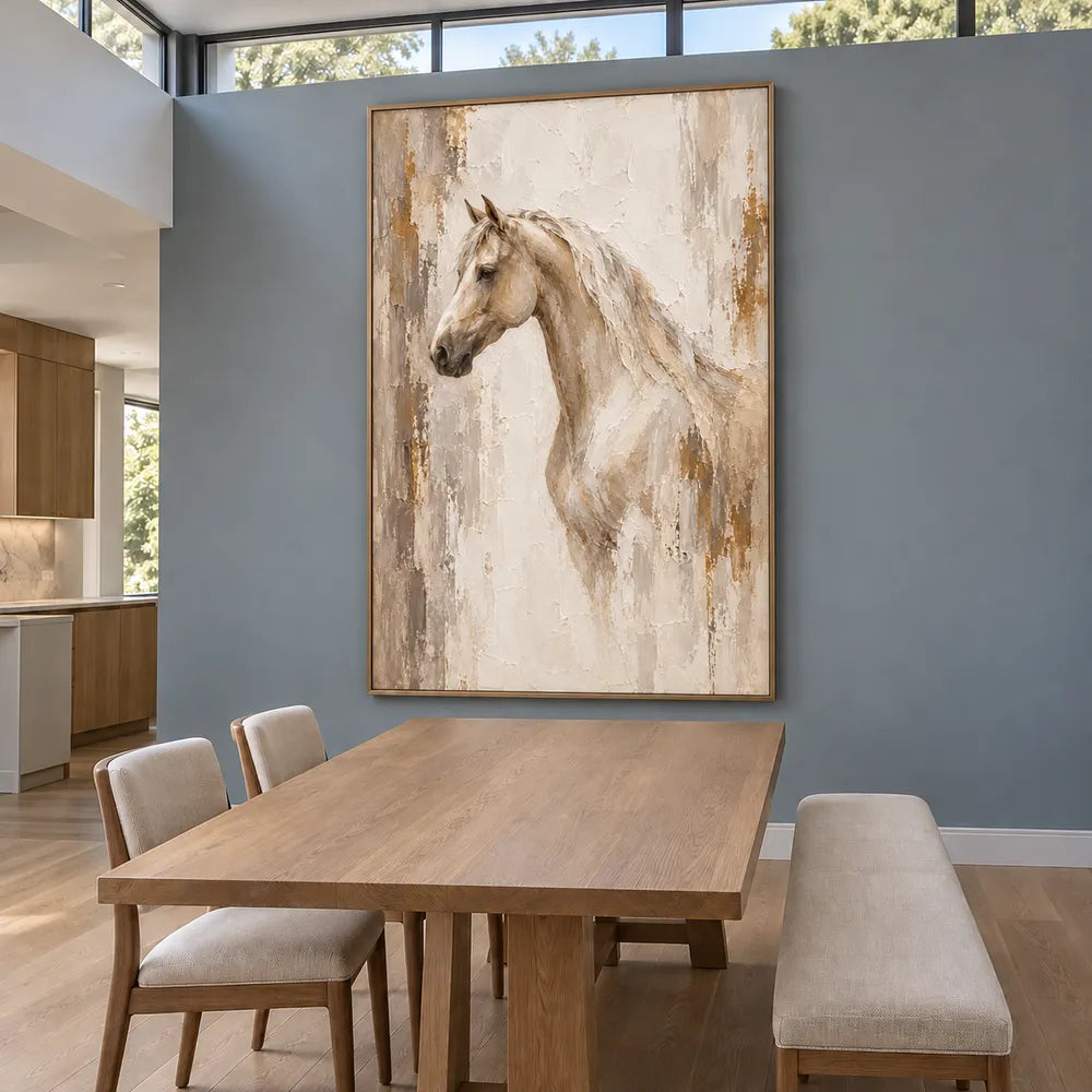 Beige & Cream Hand-Painted Oil Painting, Neutral Horse Portrait Wall Art #MDK3X15Z