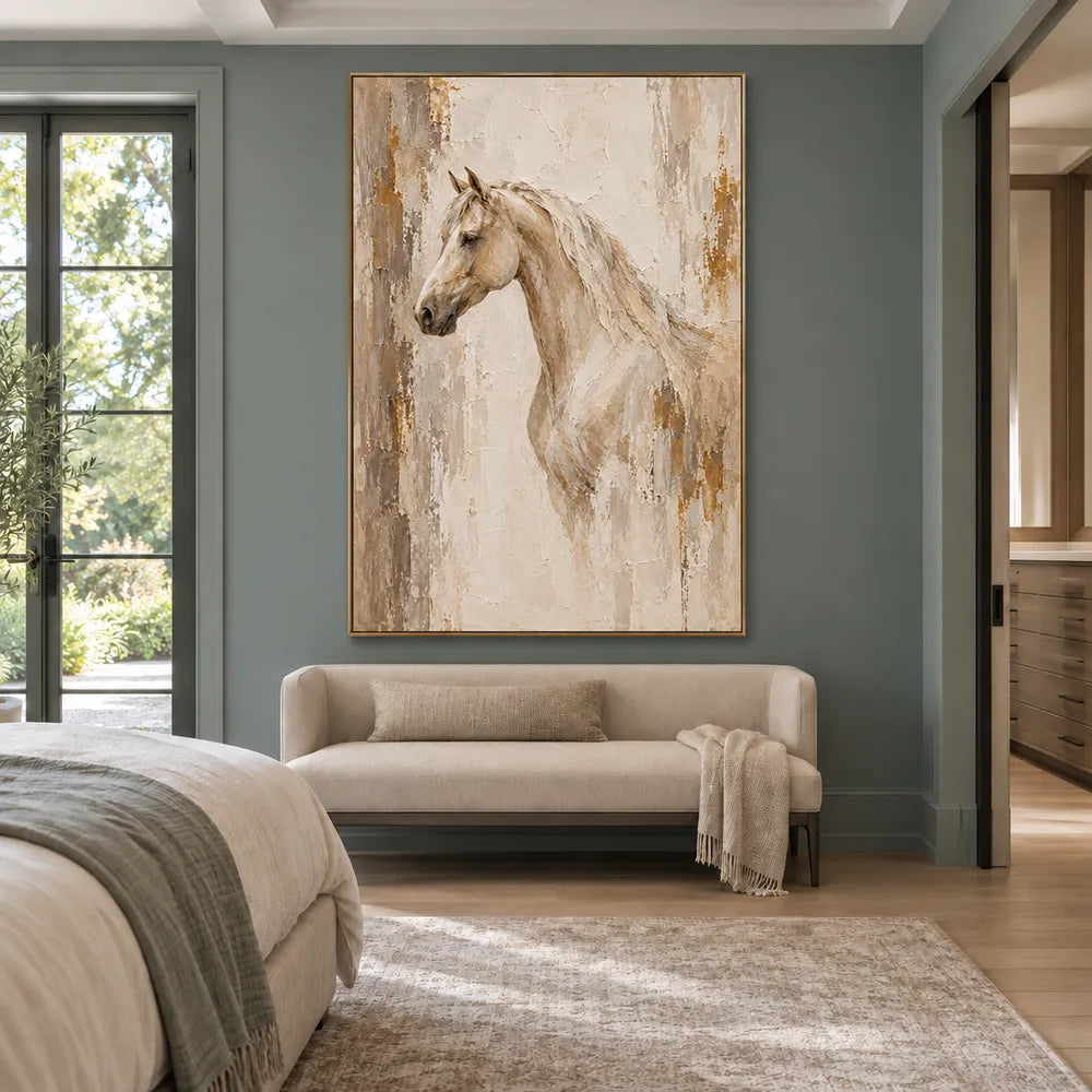 Beige & Cream Hand-Painted Oil Painting, Neutral Horse Portrait Wall Art #MDK3X15Z
