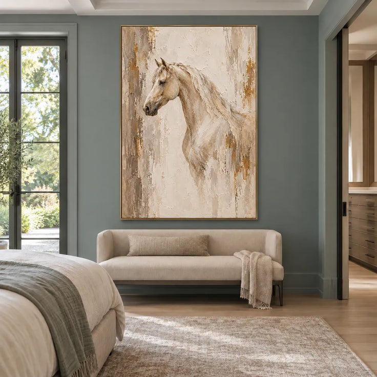 Beige & Cream Hand-Painted Oil Painting, Neutral Horse Portrait Wall Art #MDK3X15Z