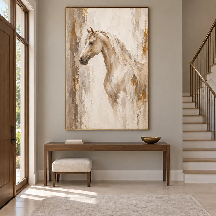 Beige & Cream Hand-Painted Oil Painting, Neutral Horse Portrait Wall Art #MDK3X15Z