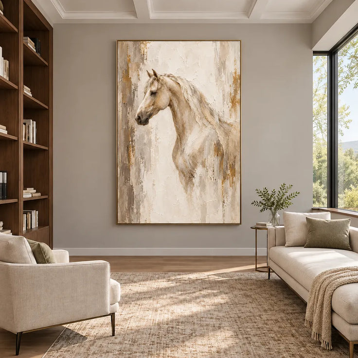 Beige & Cream Hand-Painted Oil Painting, Neutral Horse Portrait Wall Art #MDK3X15Z