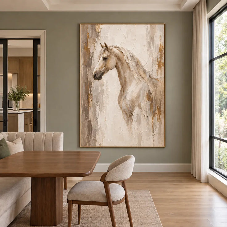 Beige & Cream Hand-Painted Oil Painting, Neutral Horse Portrait Wall Art #MDK3X15Z