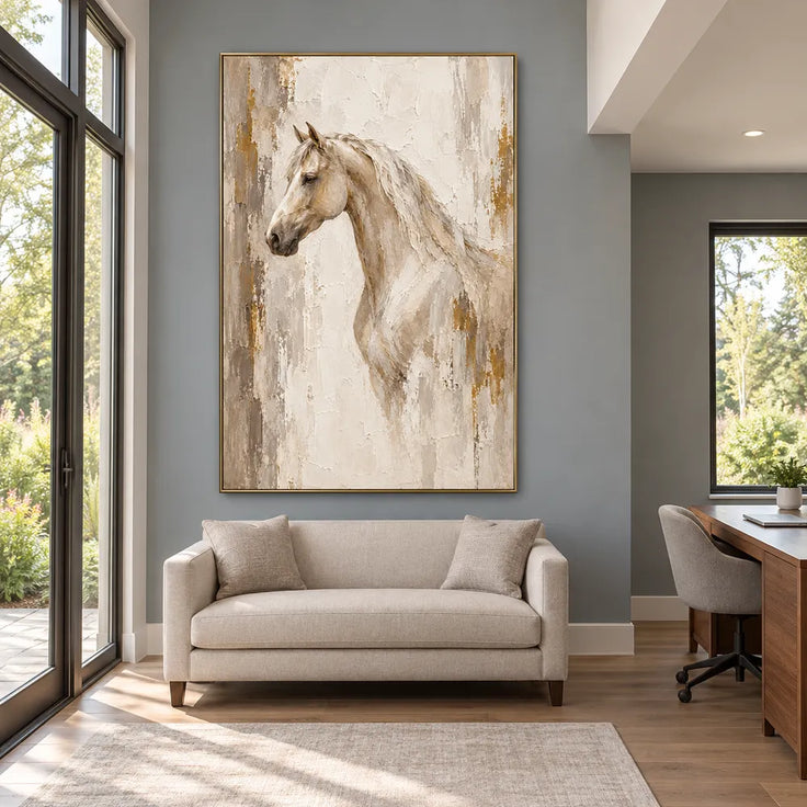 Beige & Cream Hand-Painted Oil Painting, Neutral Horse Portrait Wall Art #MDK3X15Z
