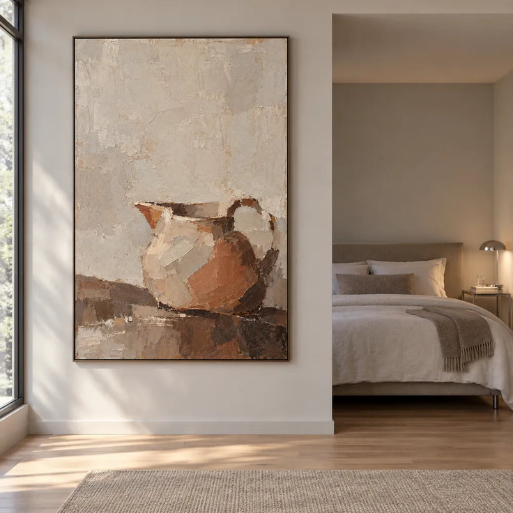 Beige Hand-Painted Pitcher Painting, Low-Set Warm Still Life #Q3E3647Z