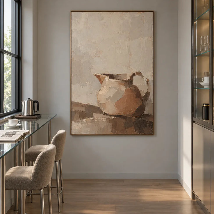 Beige Hand-Painted Pitcher Painting, Low-Set Warm Still Life #Q3E3647Z