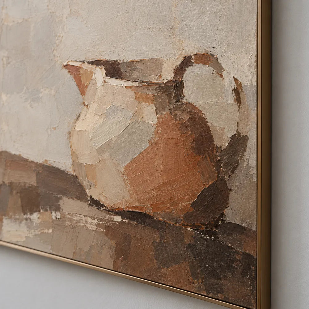 Beige Hand-Painted Pitcher Painting, Low-Set Warm Still Life #Q3E3647Z
