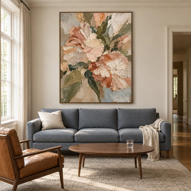 Cream and Peach Hand-Painted Oil Painting, Expressive Floral Wall Art #OPPXJPT5
