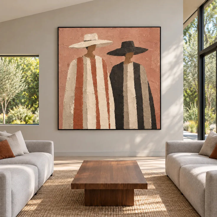Terracotta Hand-Painted Oil Painting, Two Figures in Wide-Brim Hats #ZQ6VHAI0