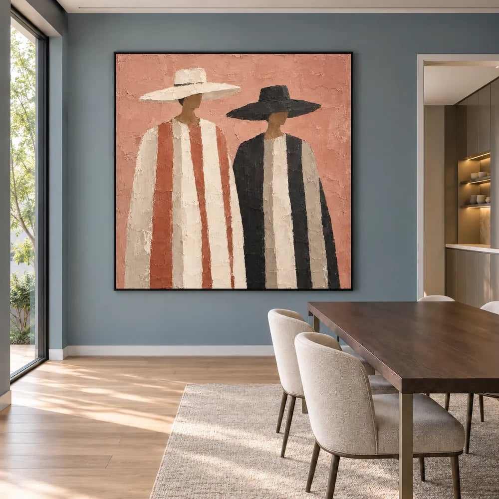 Terracotta Hand-Painted Oil Painting, Two Figures in Wide-Brim Hats #ZQ6VHAI0