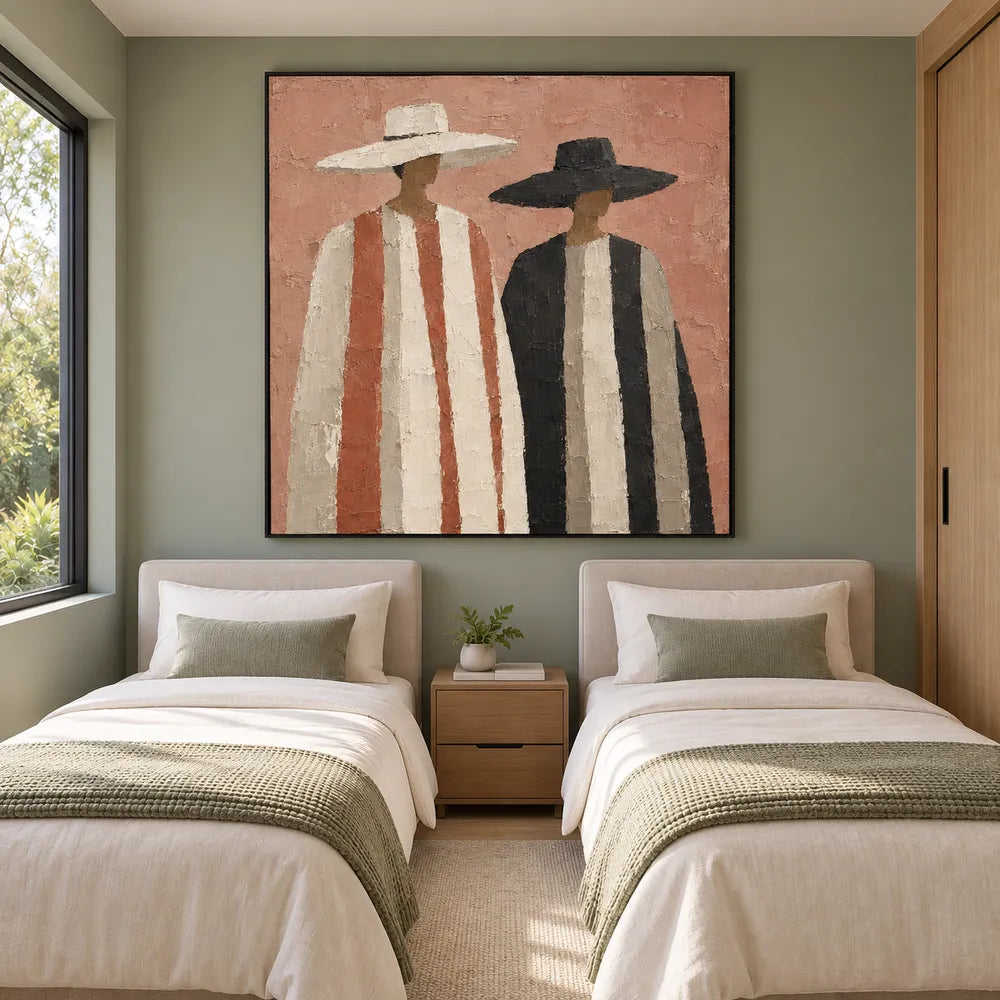 Terracotta Hand-Painted Oil Painting, Two Figures in Wide-Brim Hats #ZQ6VHAI0