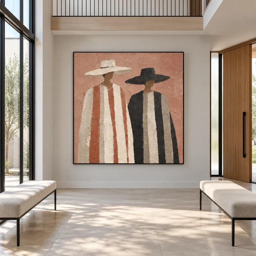 Terracotta Hand-Painted Oil Painting, Two Figures in Wide-Brim Hats #ZQ6VHAI0