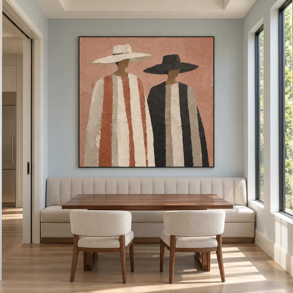 Terracotta Hand-Painted Oil Painting, Two Figures in Wide-Brim Hats #ZQ6VHAI0
