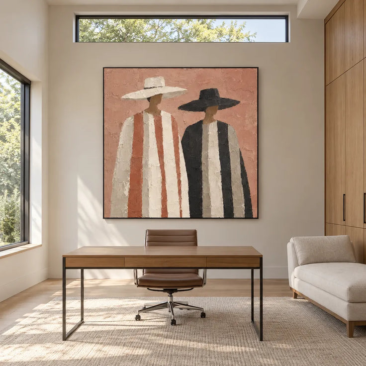 Terracotta Hand-Painted Oil Painting, Two Figures in Wide-Brim Hats #ZQ6VHAI0