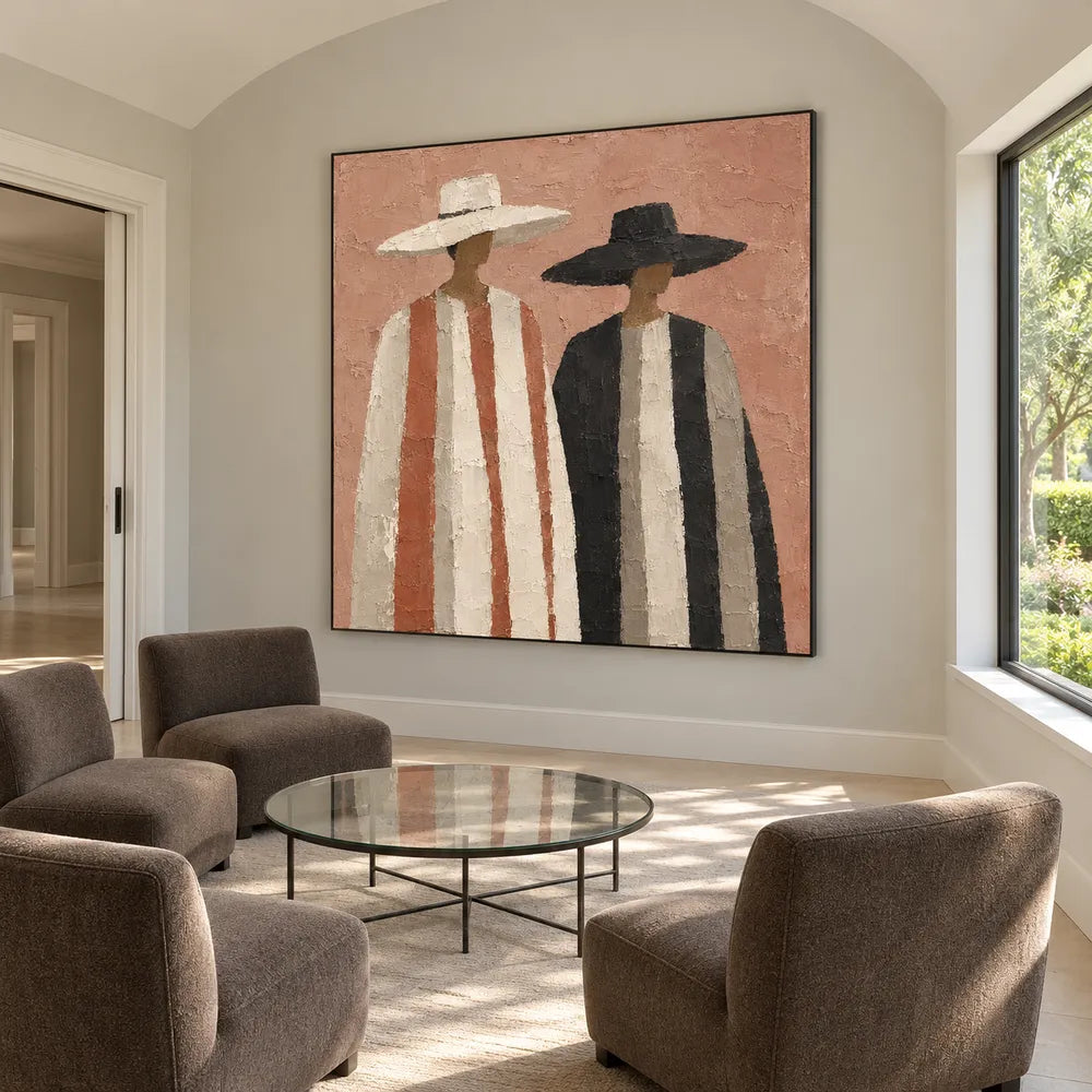 Terracotta Hand-Painted Oil Painting, Two Figures in Wide-Brim Hats #ZQ6VHAI0