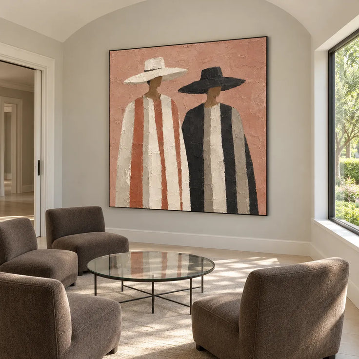 Terracotta Hand-Painted Oil Painting, Two Figures in Wide-Brim Hats #ZQ6VHAI0