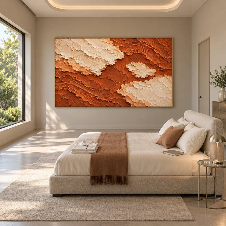 Rust Orange Hand-Painted Abstract Painting, Cream Floating Forms #GCFVQQ30