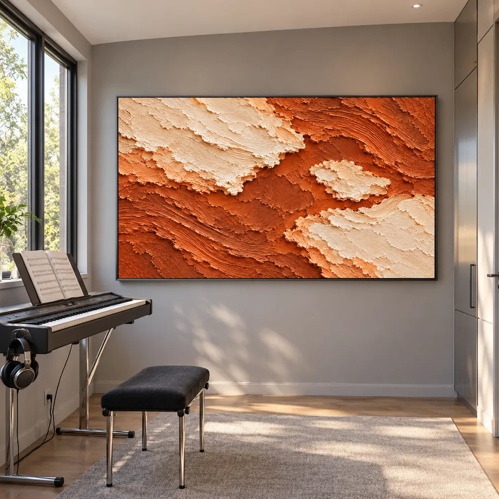 Rust Orange Hand-Painted Abstract Painting, Cream Floating Forms #GCFVQQ30
