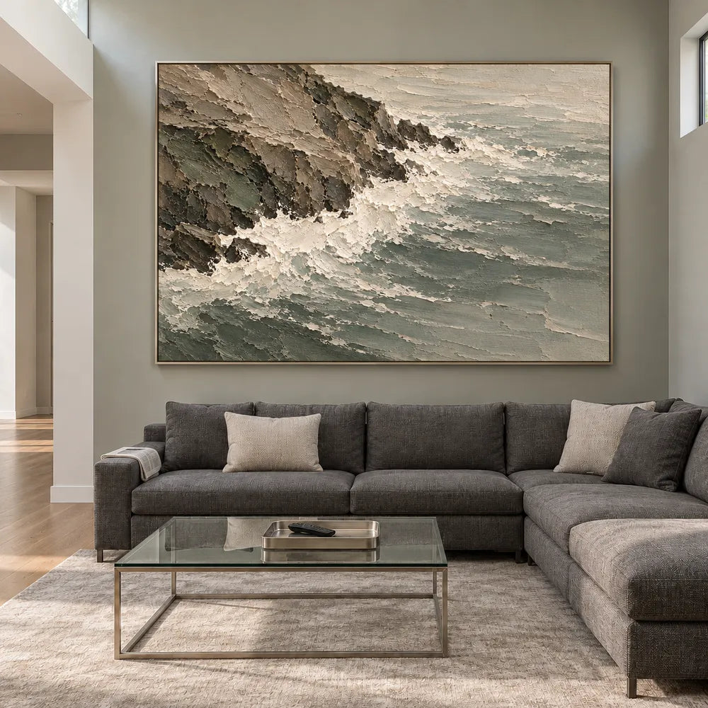 Gray Green Hand-Painted Coastal Painting, Surf Along a Rocky Shore #MU0VVD80