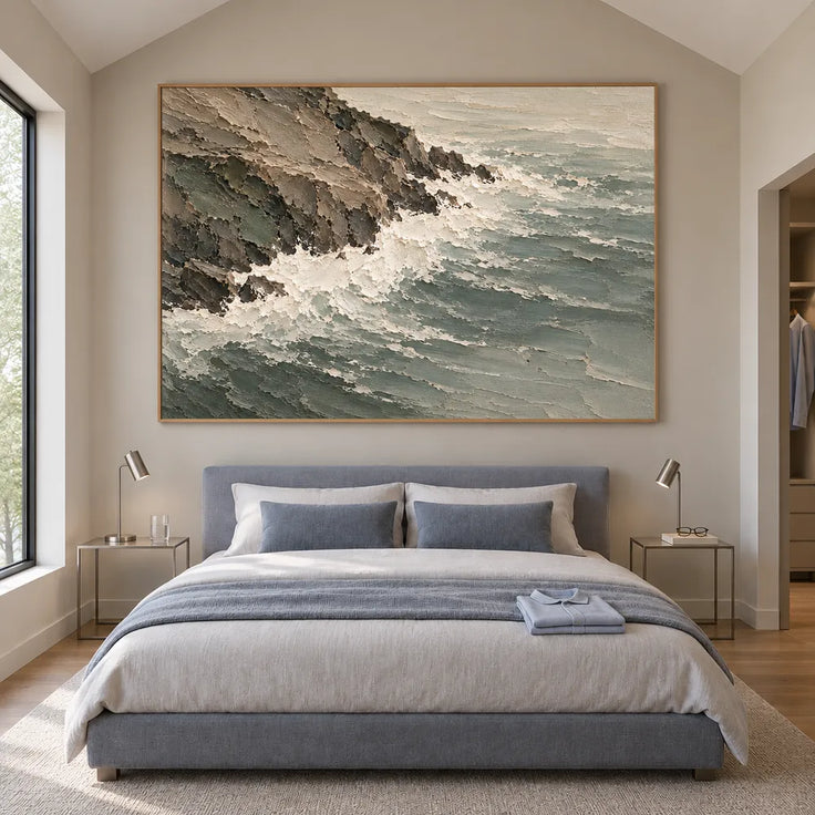 Gray Green Hand-Painted Coastal Painting, Surf Along a Rocky Shore #MU0VVD80