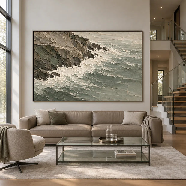 Gray Green Hand-Painted Coastal Painting, Surf Along a Rocky Shore #MU0VVD80