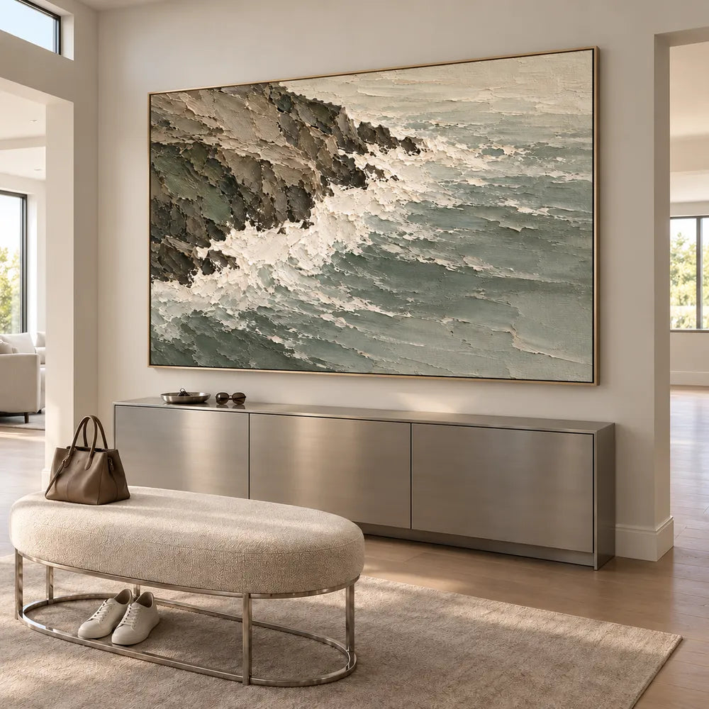 Gray Green Hand-Painted Coastal Painting, Surf Along a Rocky Shore #MU0VVD80