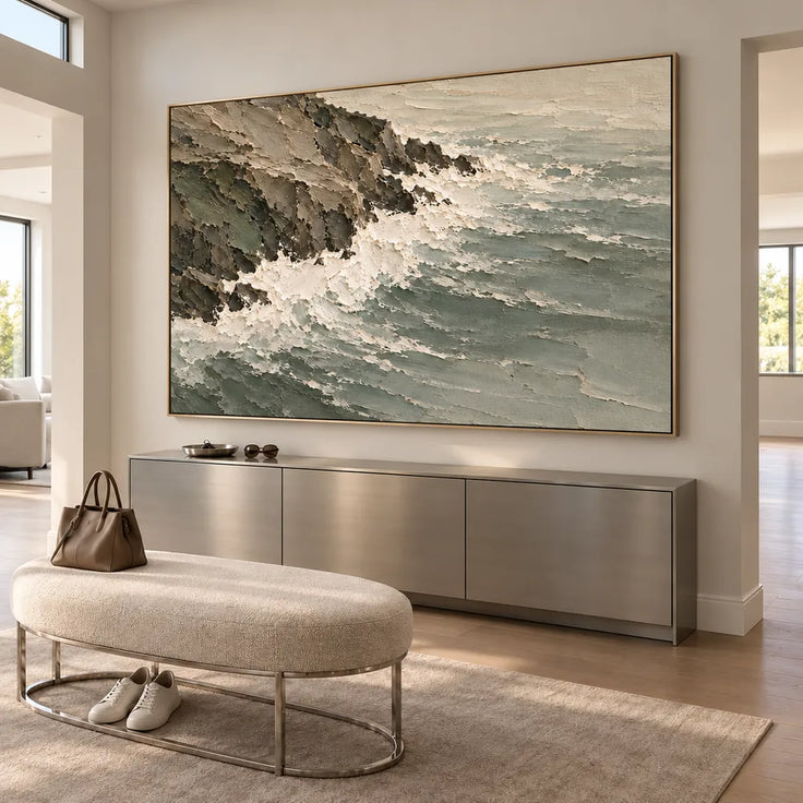 Gray Green Hand-Painted Coastal Painting, Surf Along a Rocky Shore #MU0VVD80
