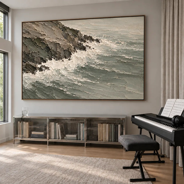 Gray Green Hand-Painted Coastal Painting, Surf Along a Rocky Shore #MU0VVD80