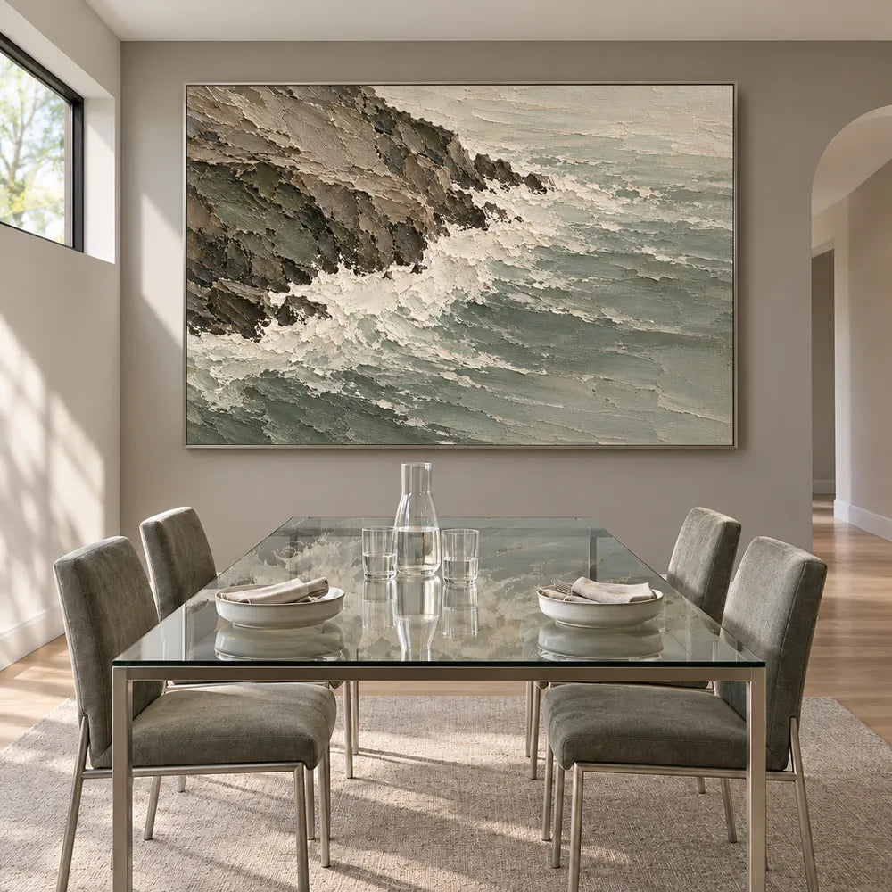 Gray Green Hand-Painted Coastal Painting, Surf Along a Rocky Shore #MU0VVD80