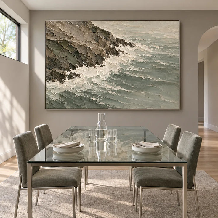 Gray Green Hand-Painted Coastal Painting, Surf Along a Rocky Shore #MU0VVD80