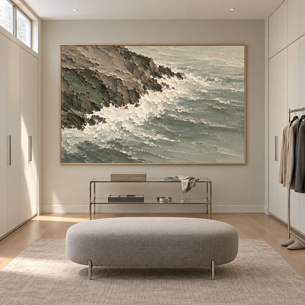 Gray Green Hand-Painted Coastal Painting, Surf Along a Rocky Shore #MU0VVD80