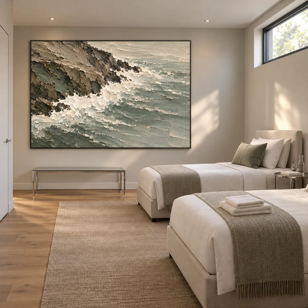 Gray Green Hand-Painted Coastal Painting, Surf Along a Rocky Shore #MU0VVD80