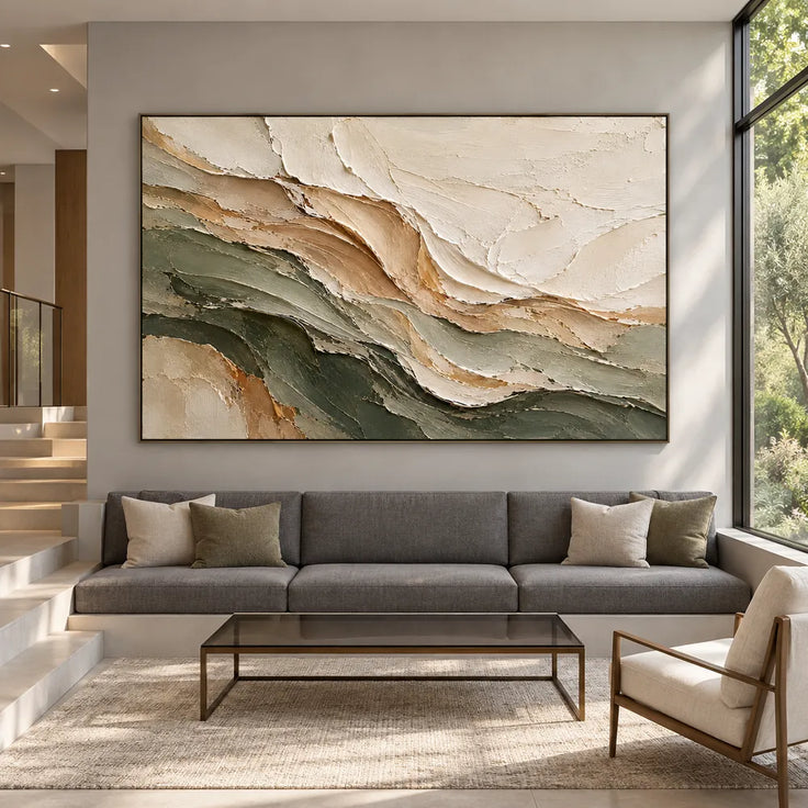 Ivory & Olive Hand-Painted 3D Textured Oil Painting, Layered Abstract Wall Art #AKT5BSSD