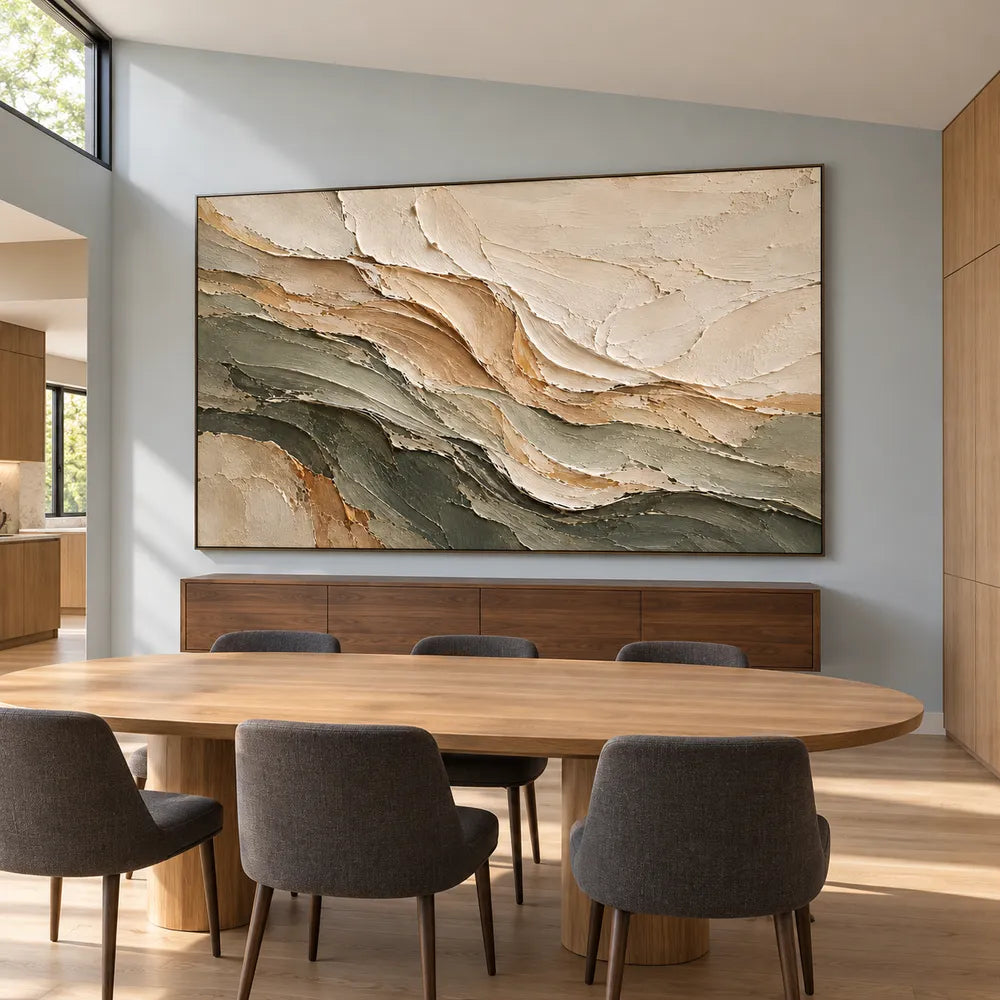 Ivory & Olive Hand-Painted 3D Textured Oil Painting, Layered Abstract Wall Art #AKT5BSSD