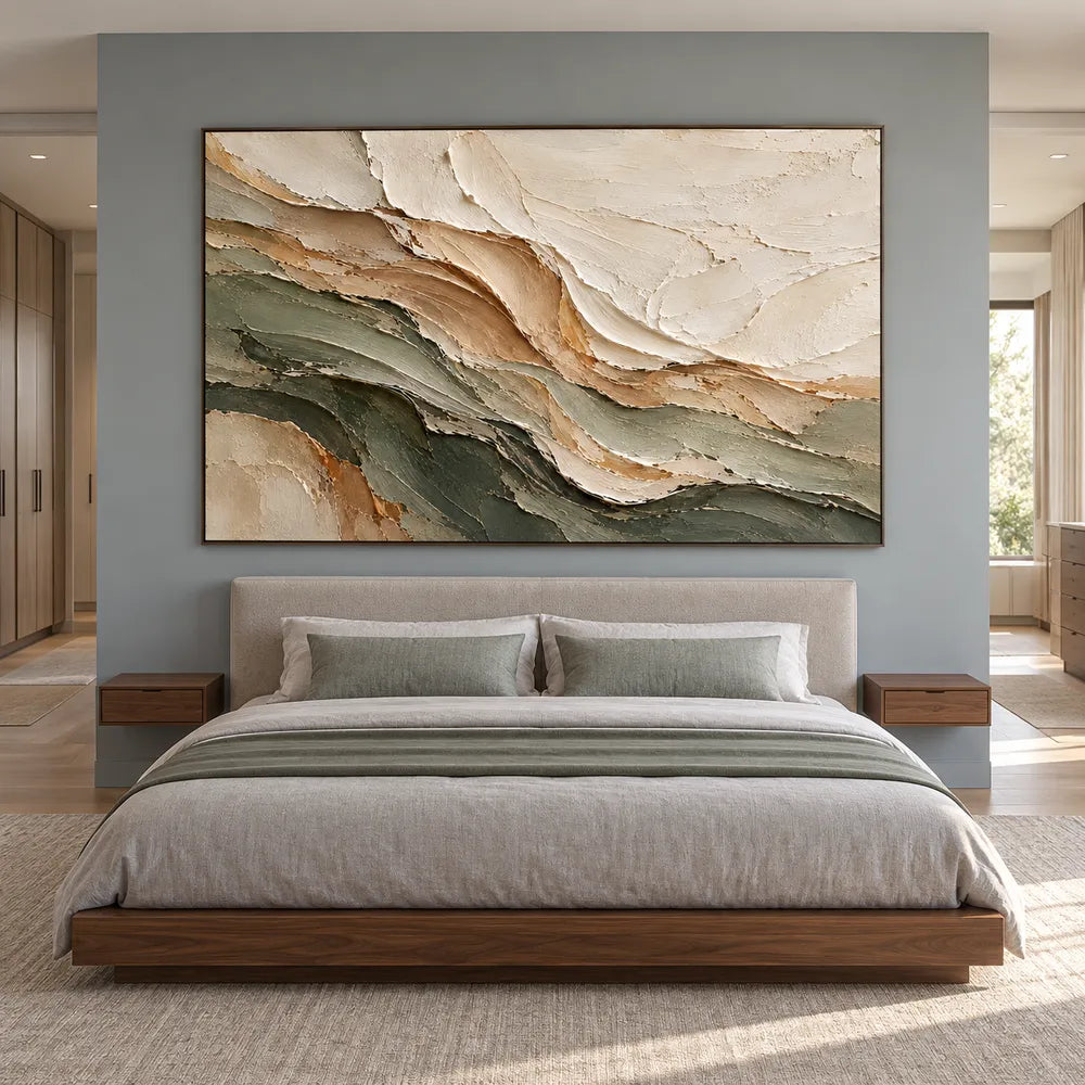 Ivory & Olive Hand-Painted 3D Textured Oil Painting, Layered Abstract Wall Art #AKT5BSSD
