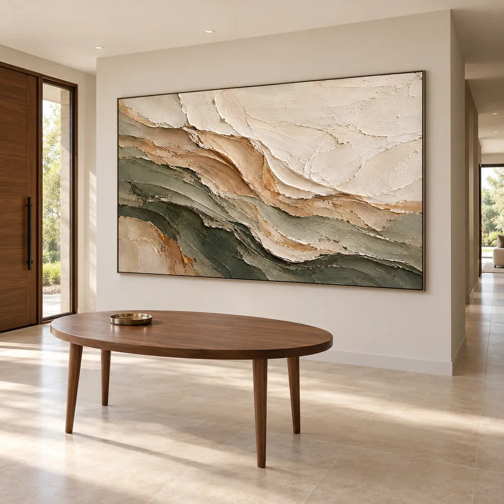 Ivory & Olive Hand-Painted 3D Textured Oil Painting, Layered Abstract Wall Art #AKT5BSSD