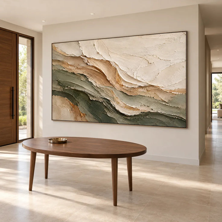 Ivory & Olive Hand-Painted 3D Textured Oil Painting, Layered Abstract Wall Art #AKT5BSSD